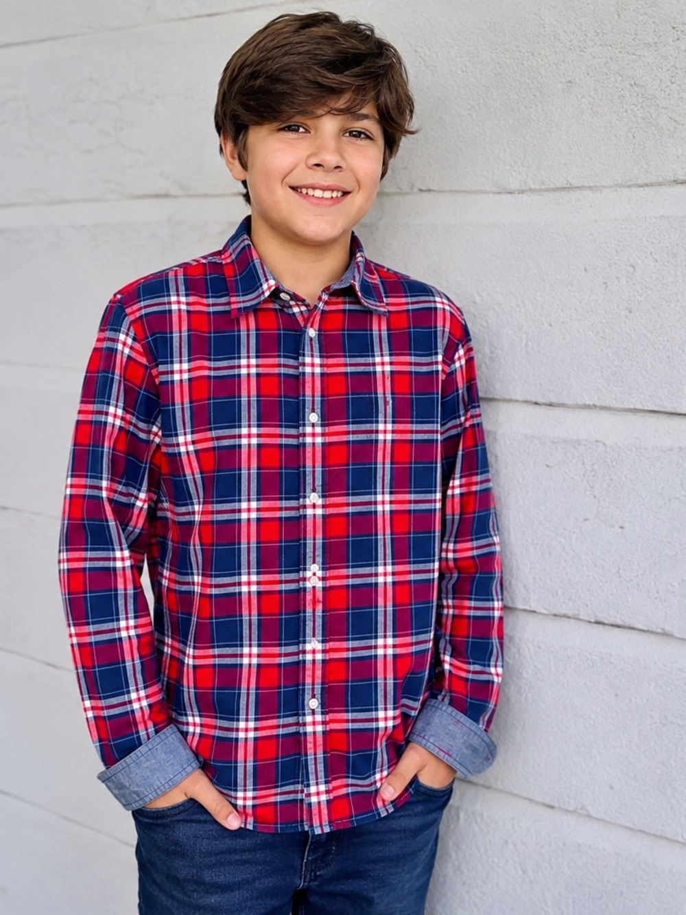 Tommy Hilfiger Boys XL Plaid Button Up Shirt Red Blue